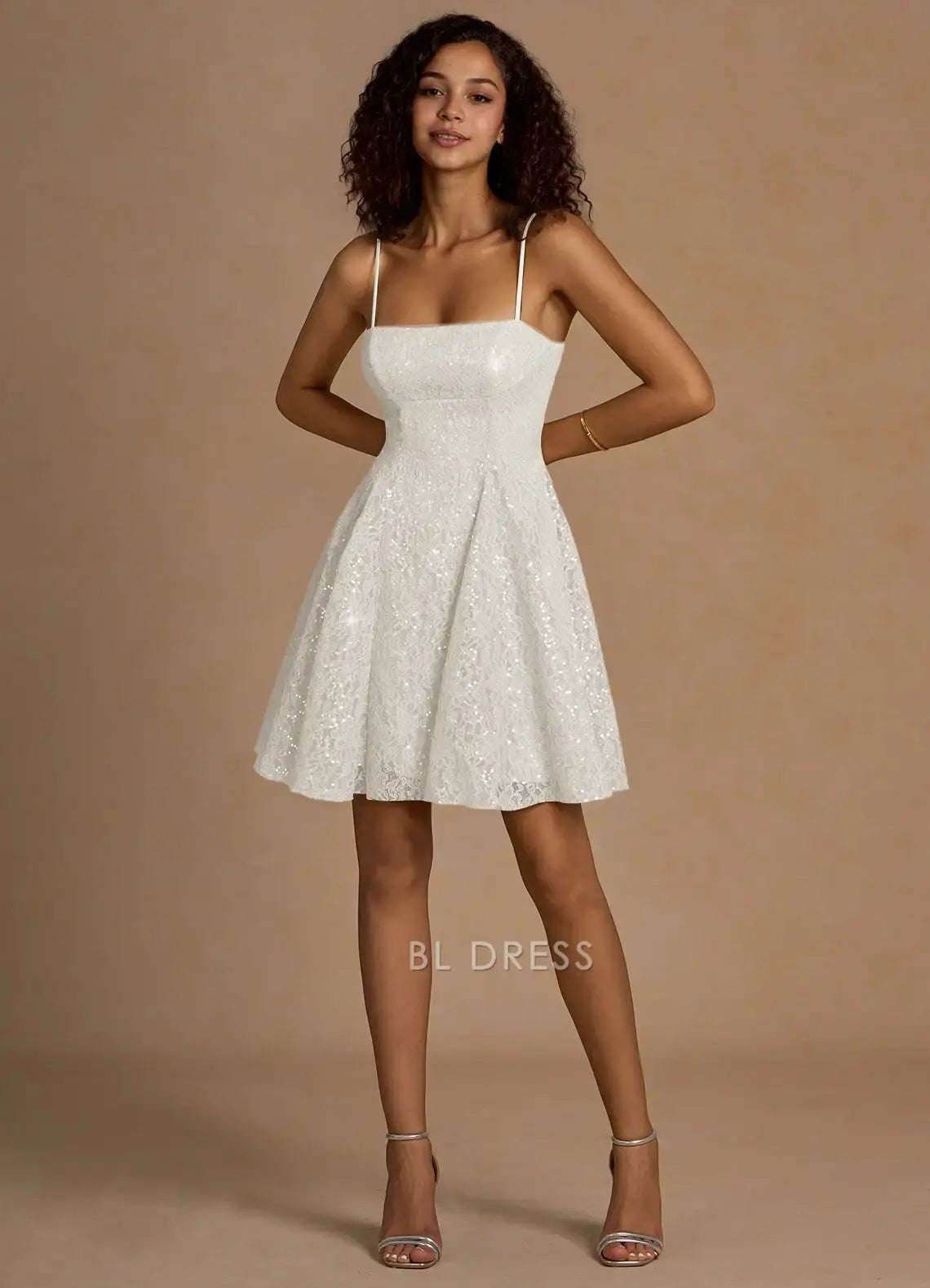 Sparkling A-Line Square Neck Sequin Lace-Up White Short Homecoming Dress