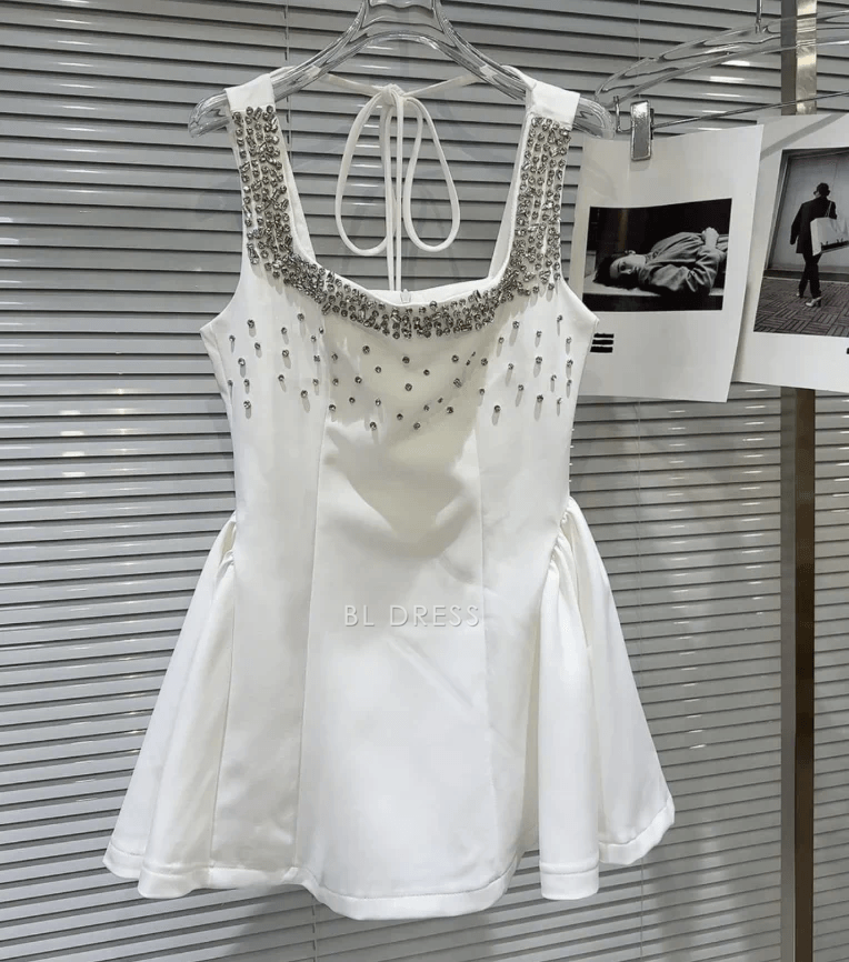 Sparkling A-Line Square Neck Sleeveless Beaded Chic White Short Homecoming Dresses Women Gown
