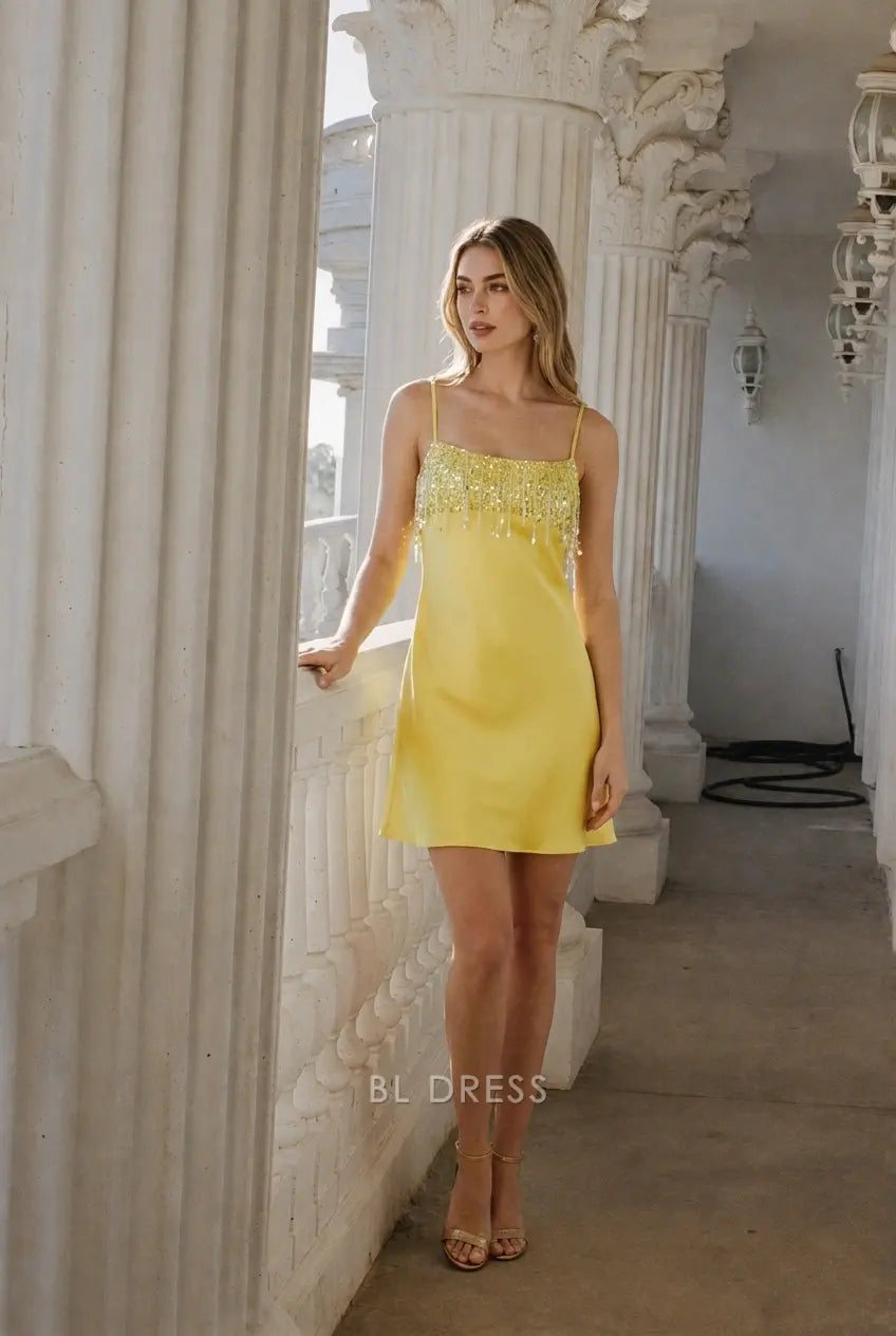 Sparkling A-Line Square Neck Sleeveless Beaded Yellow Short Homecoming Dress