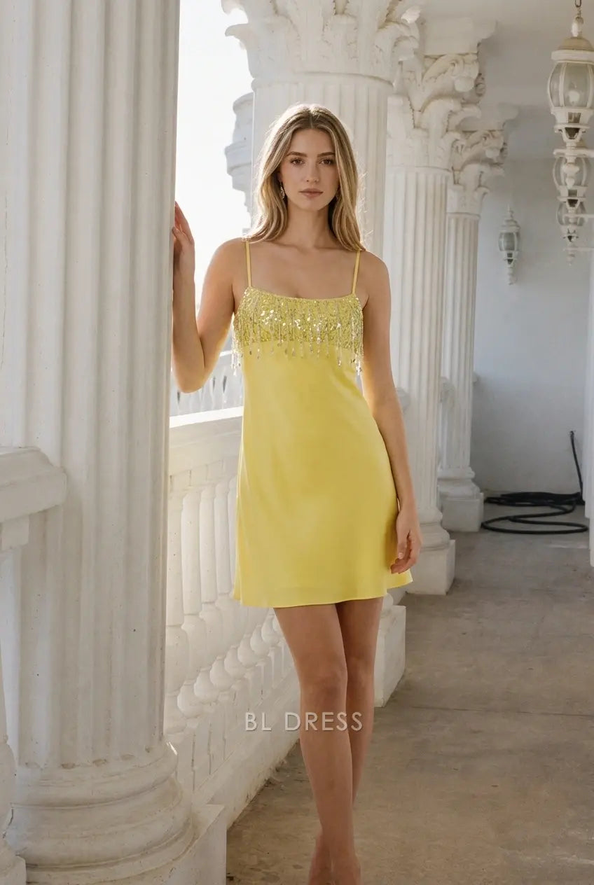 Sparkling A-Line Square Neck Sleeveless Beaded Yellow Short Homecoming Dress