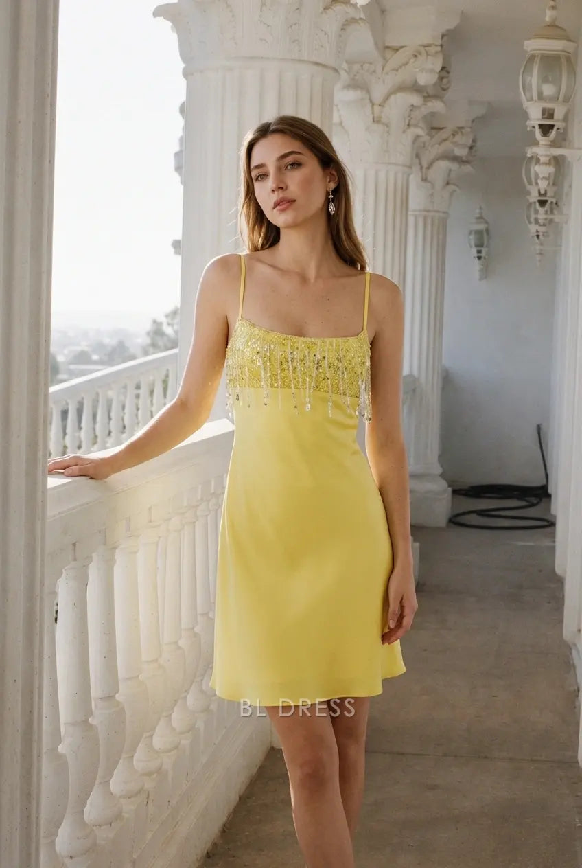 Sparkling A-Line Square Neck Sleeveless Beaded Yellow Short Homecoming Dress