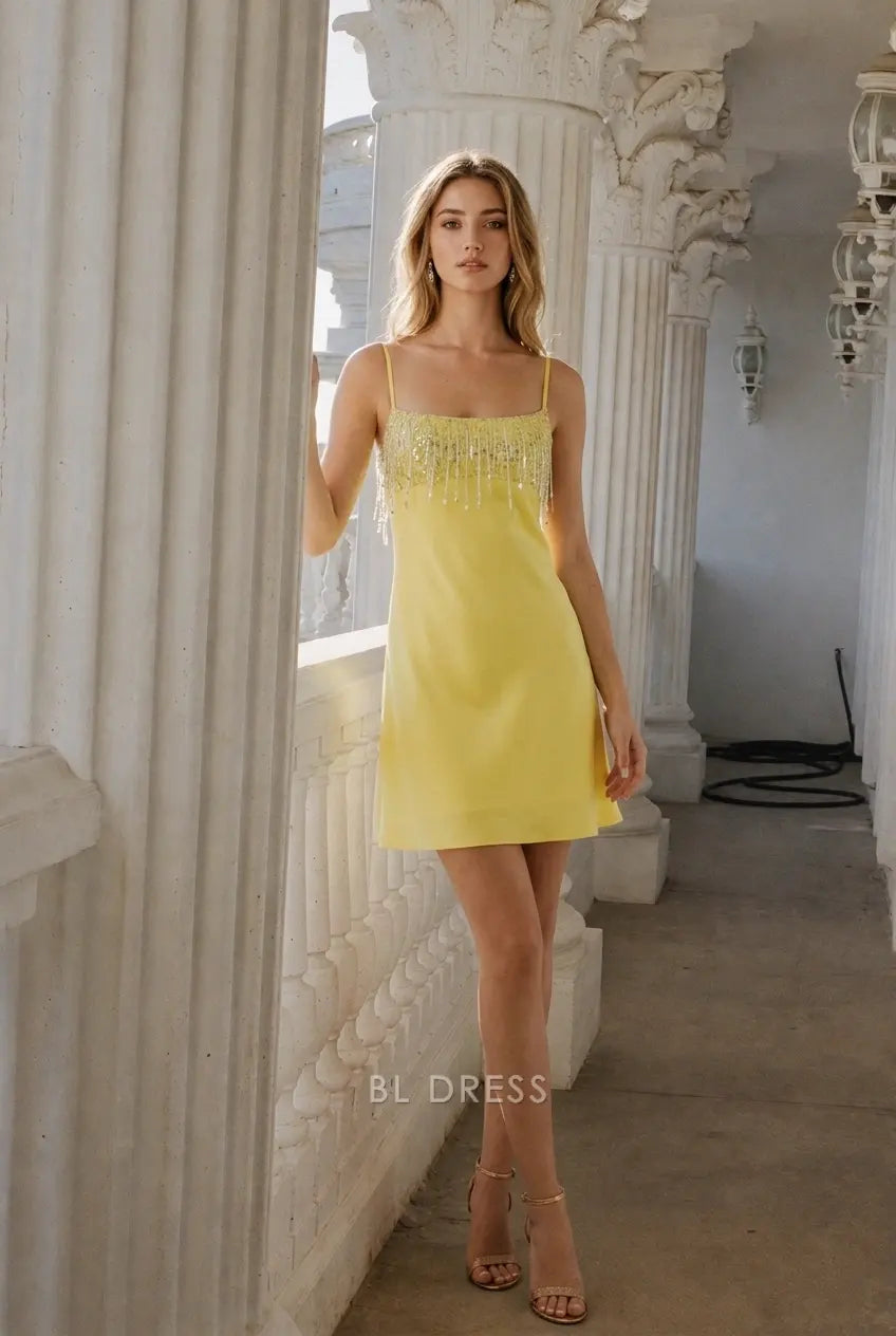 Sparkling A-Line Square Neck Sleeveless Beaded Yellow Short Homecoming Dress