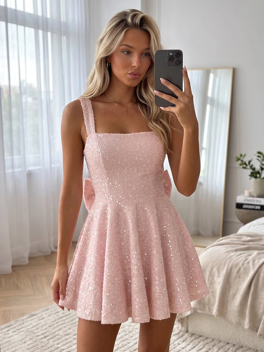 Sparkling A-Line Square Neck Sleeveless Pink Short Homecoming Dress for Women