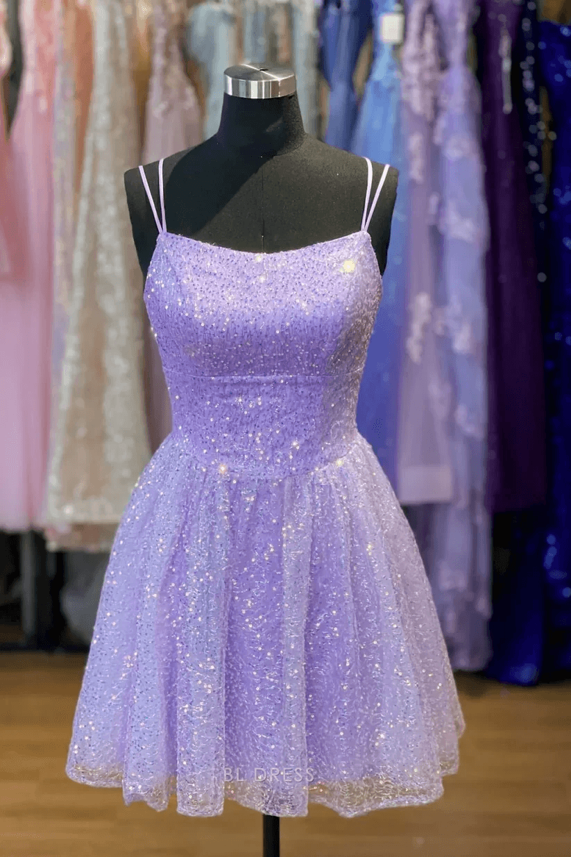 Sparkling A-Line Square Neck Sleeveless Sequin Lavender Short Homecoming Dress