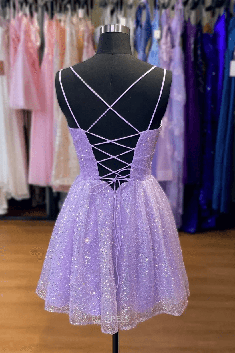 Sparkling A-Line Square Neck Sleeveless Sequin Lavender Short Homecoming Dress
