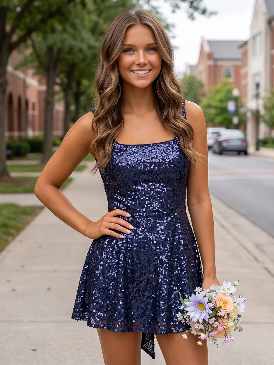 Sparkling A-Line Square Neck Sleeveless Sequin Navy Blue Short Homecoming Dress.