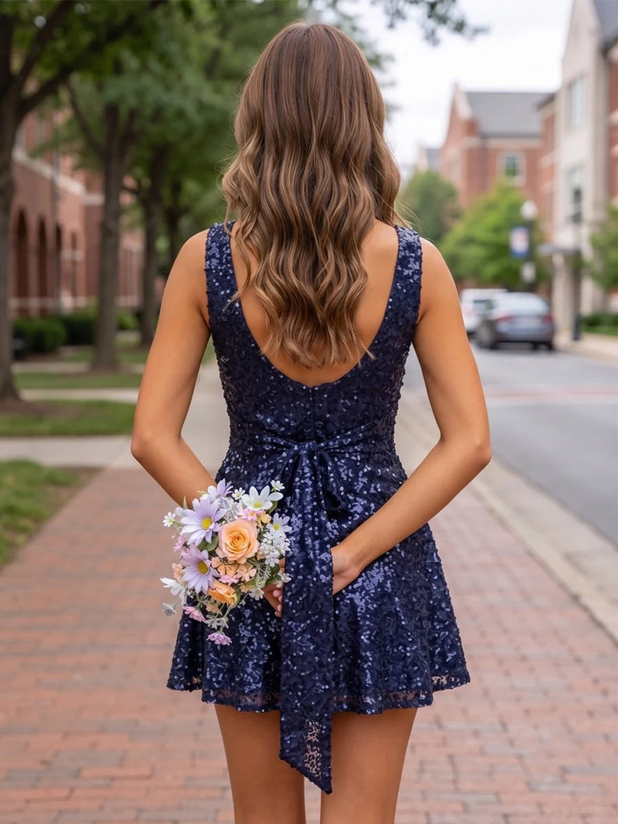 Sparkling A-Line Square Neck Sleeveless Sequin Navy Blue Short Homecoming Dress.