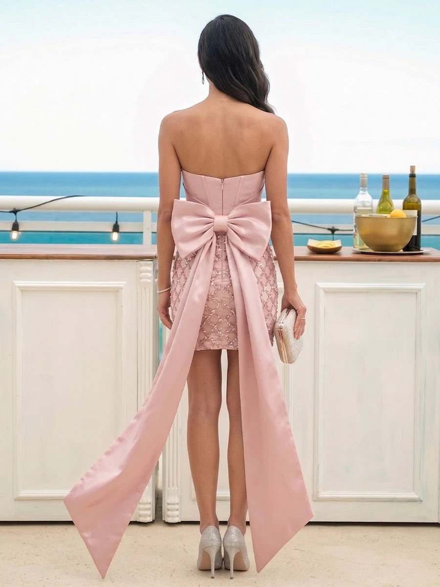 Sparkling A-Line Strapless Sleeveless Sequin Bow Back Blush Pink Mini Homecoming Dress
