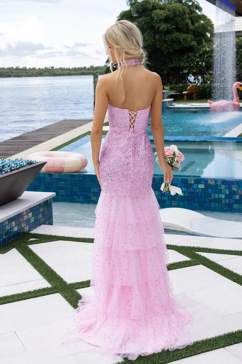Sparkling A-Line Strapless Sweetheart Tiered Slit Pink Floor-Length Prom Dresses Women's Gown