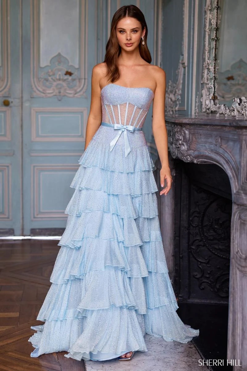 Sparkling A-Line Strapless Tiered Ruffle Light Blue Floor-Length Prom Dress