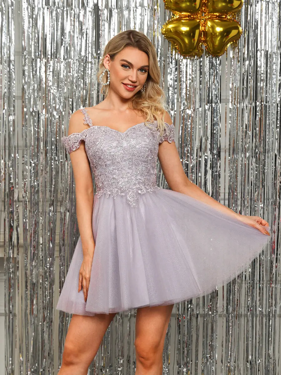 Sparkling A-Line Sweetheart Off-Shoulder Embroidered Lavender Short Homecoming Dress