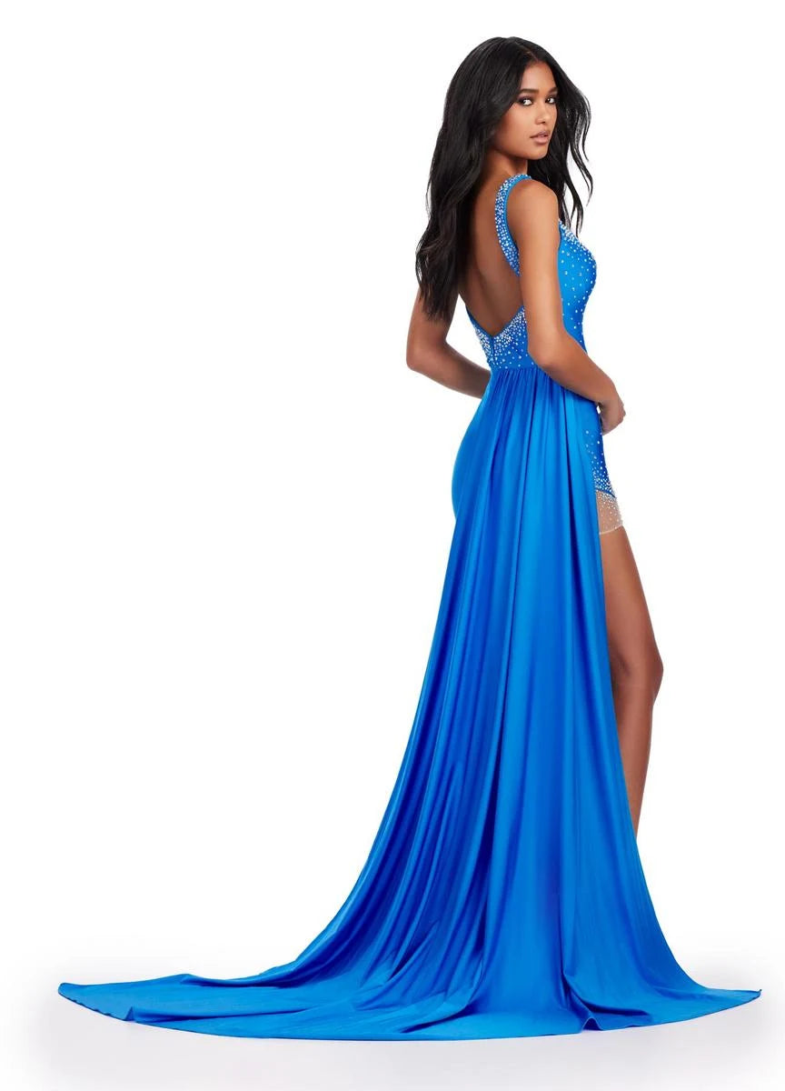 Sparkling A-Line Sweetheart Plunge Sleeveless Beaded High Slit Royal Blue Prom Dress