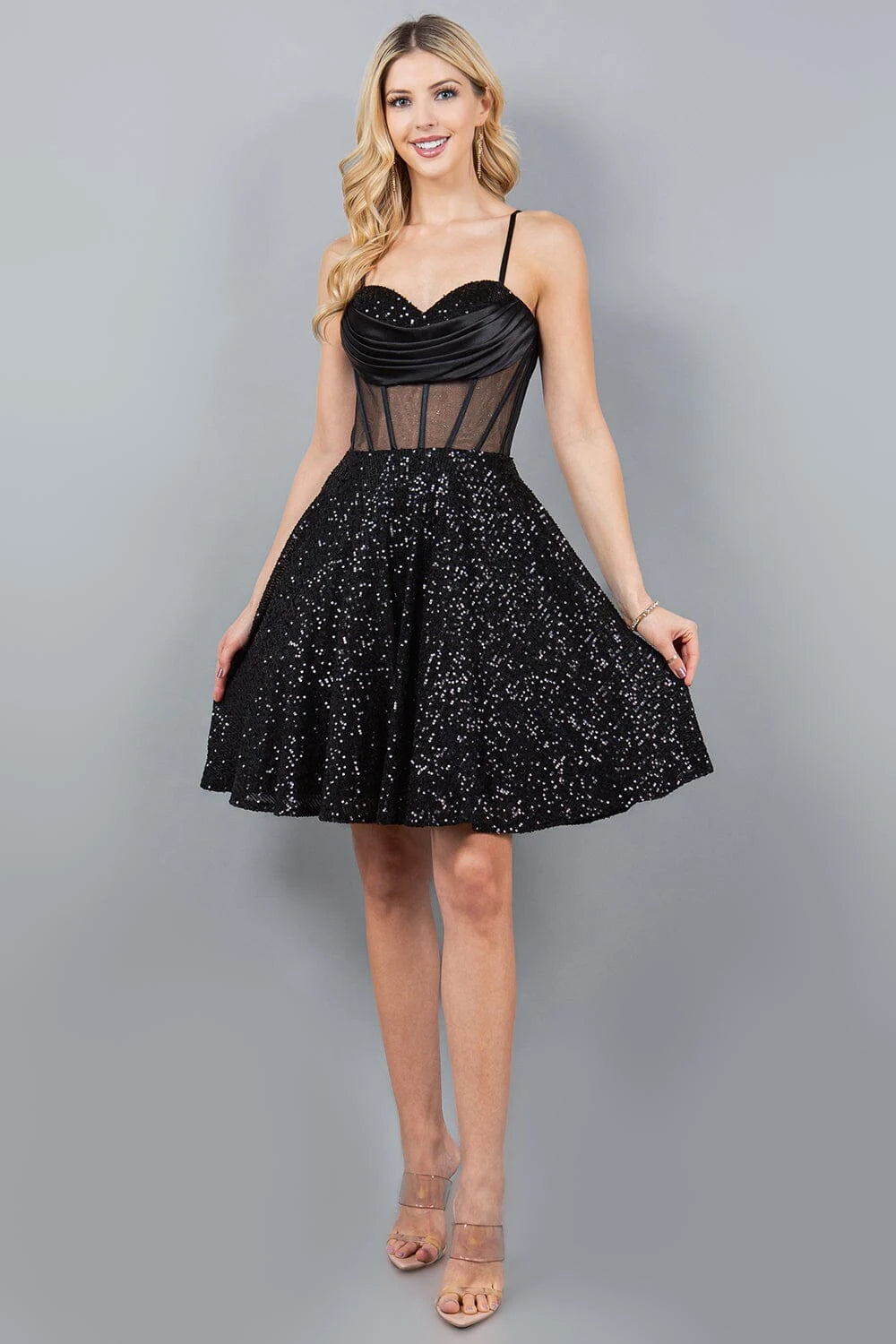 Sparkling A-Line Sweetheart Sleeveless Corset Sequin Black Short Homecoming Dress
