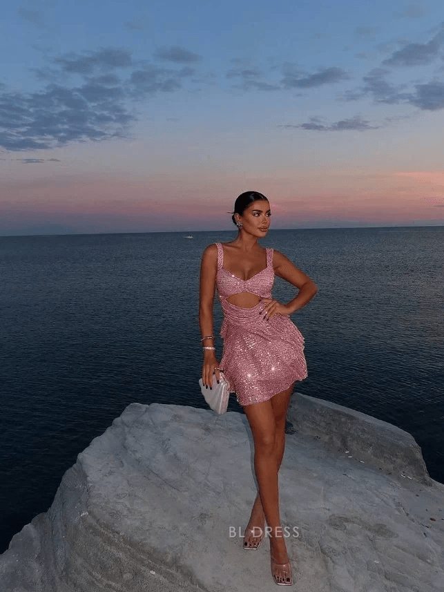 Sparkling A-Line Sweetheart Sleeveless Cutout Pink Mini Homecoming Dress