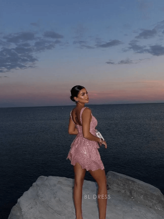 Sparkling A-Line Sweetheart Sleeveless Cutout Pink Mini Homecoming Dress