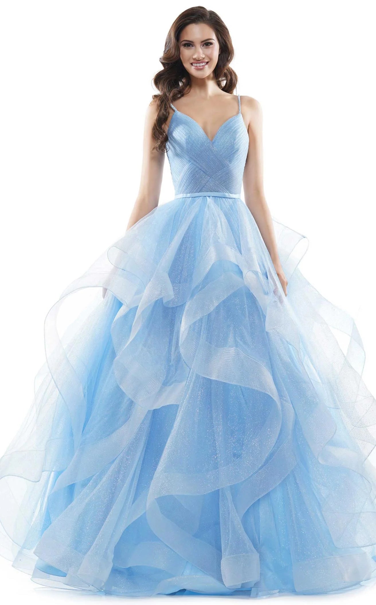 Sparkling A-Line Sweetheart Sleeveless Ruffled Sky Blue Floor-Length Prom Dress Gown