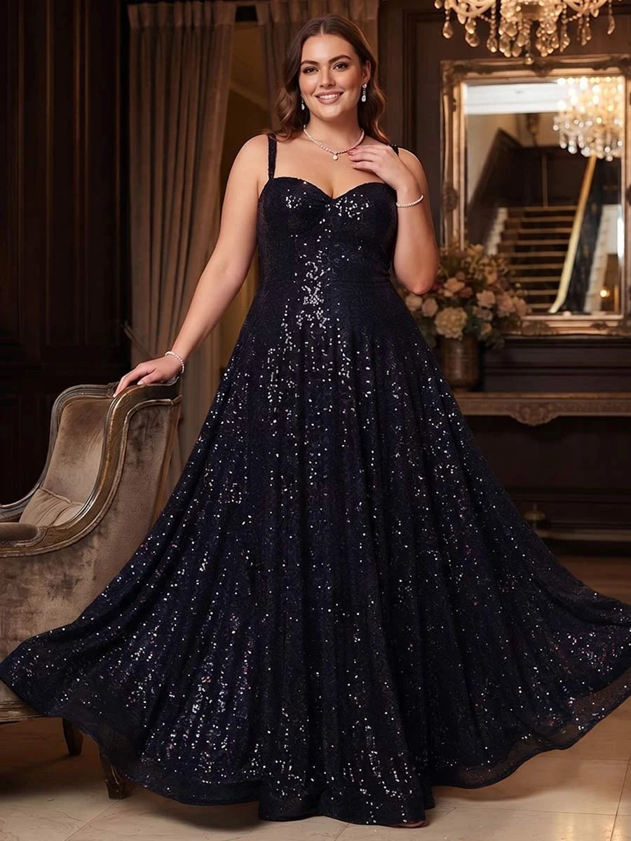 Sparkling A-Line Sweetheart Sleeveless Sequin Backless Navy Floor-Length Plus Size Prom Dress