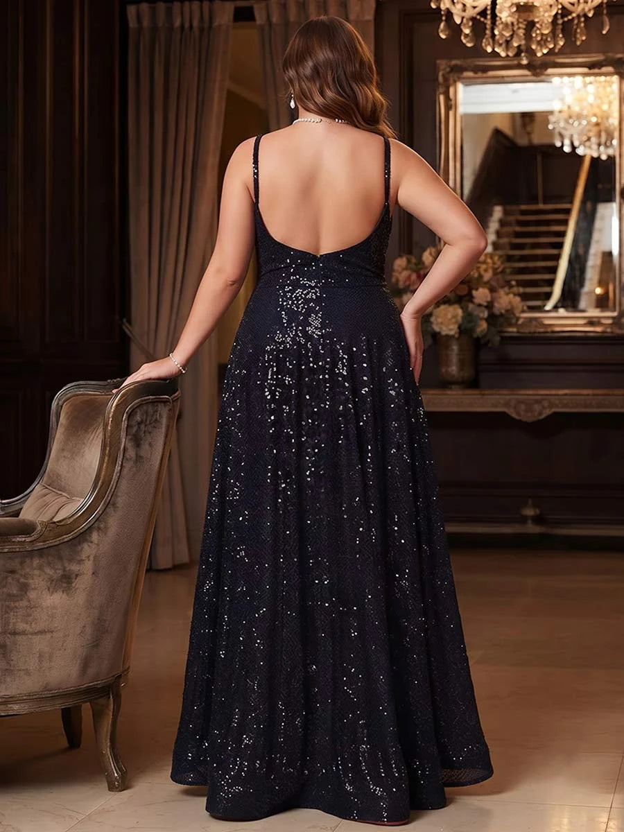 Sparkling A-Line Sweetheart Sleeveless Sequin Backless Navy Floor-Length Plus Size Prom Dress
