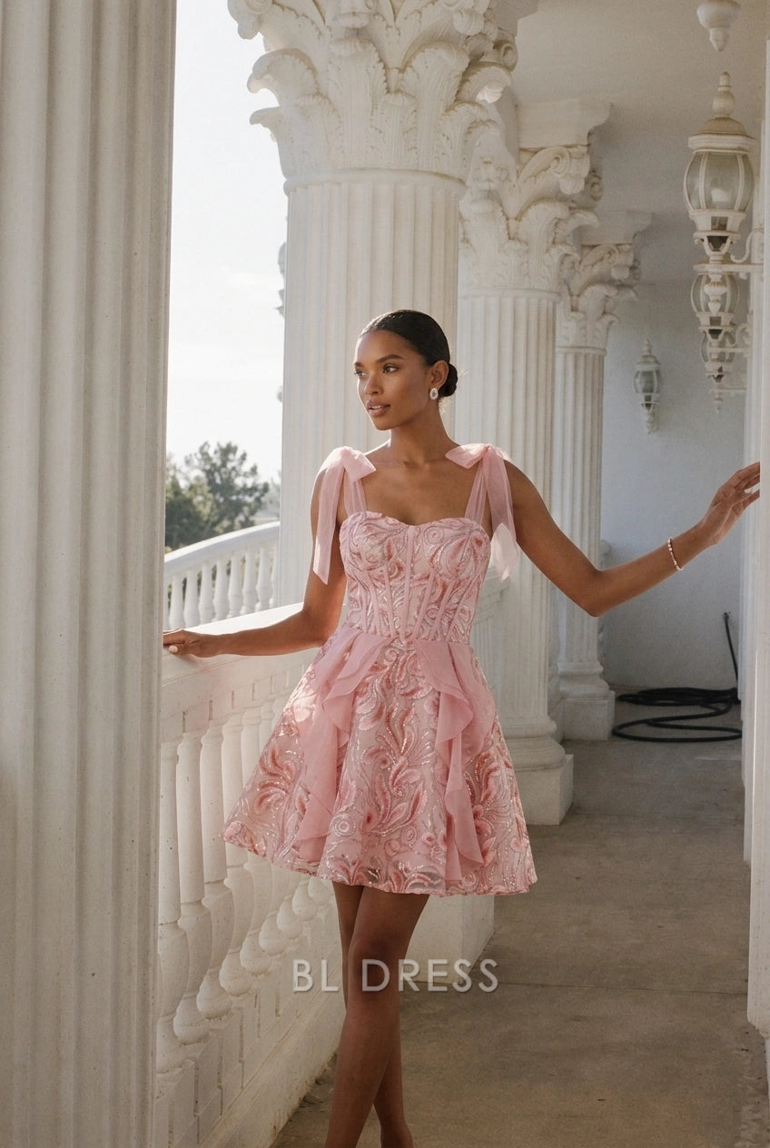 Sparkling A-Line Sweetheart Sleeveless Sequin Ruffled Pink Short Homecoming Dresses Women Party