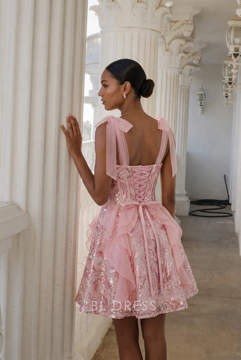 Sparkling A-Line Sweetheart Sleeveless Sequin Ruffled Pink Short Homecoming Dresses Women Party