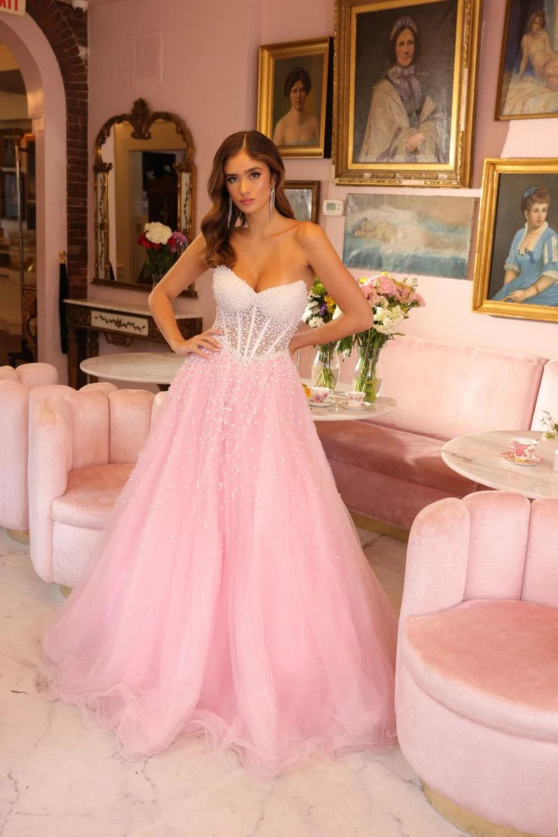 Sparkling A-Line Sweetheart Strapless Beaded Pink Floor-Length Prom Gown