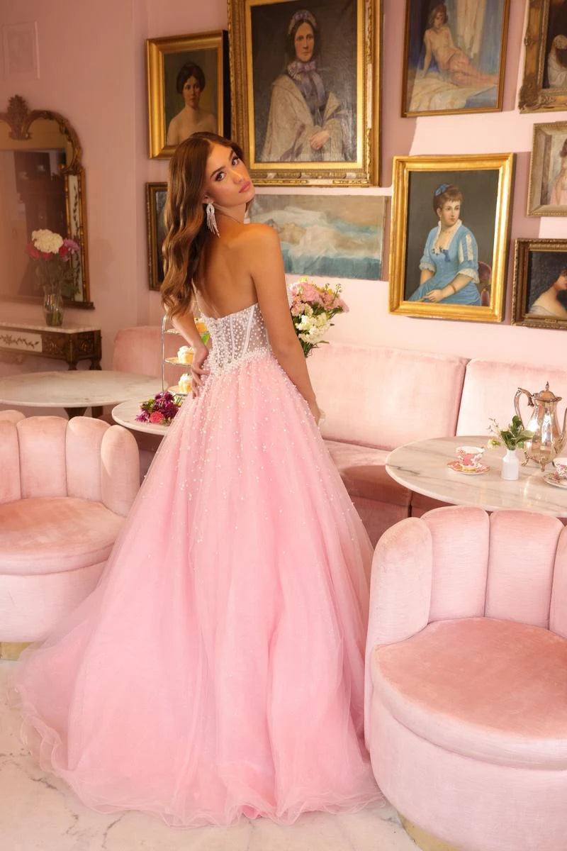 Sparkling A-Line Sweetheart Strapless Beaded Pink Floor-Length Prom Gown