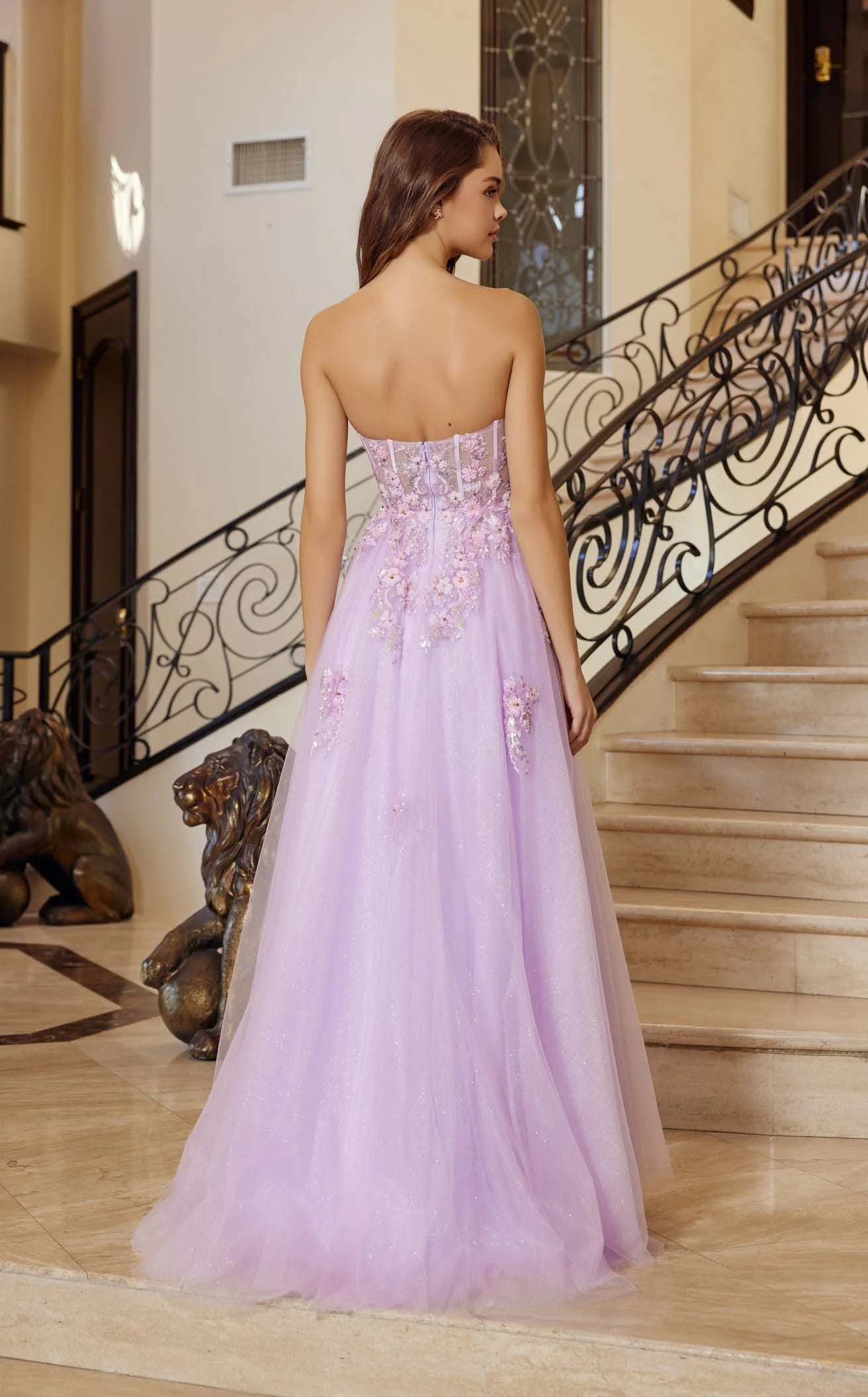 Sparkling A-Line Sweetheart Strapless Glitter Floral Lavender Floor-Length Prom Dress Women's Gown