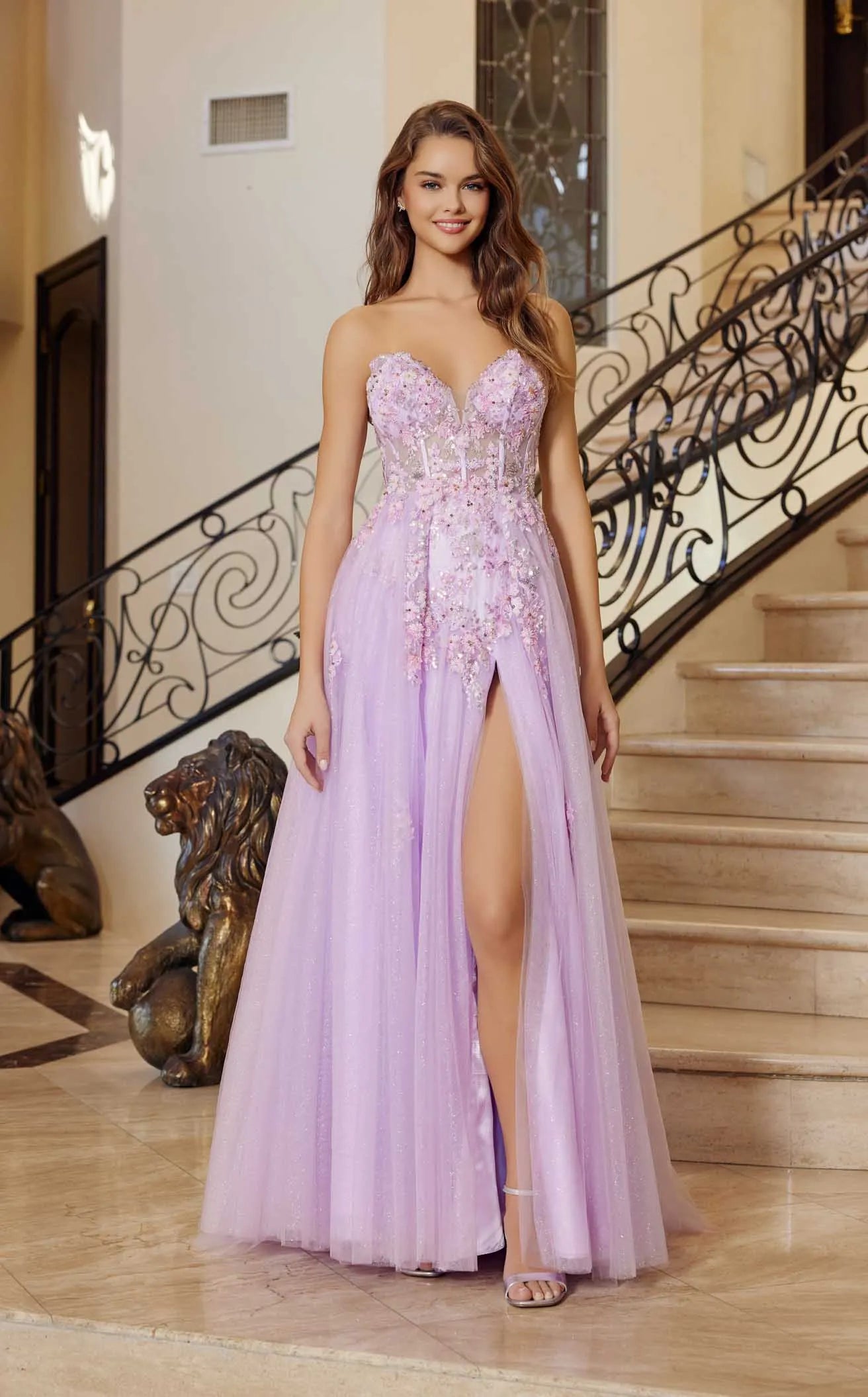 Sparkling A-Line Sweetheart Strapless Glitter Floral Lavender Floor-Length Prom Dress Women's Gown