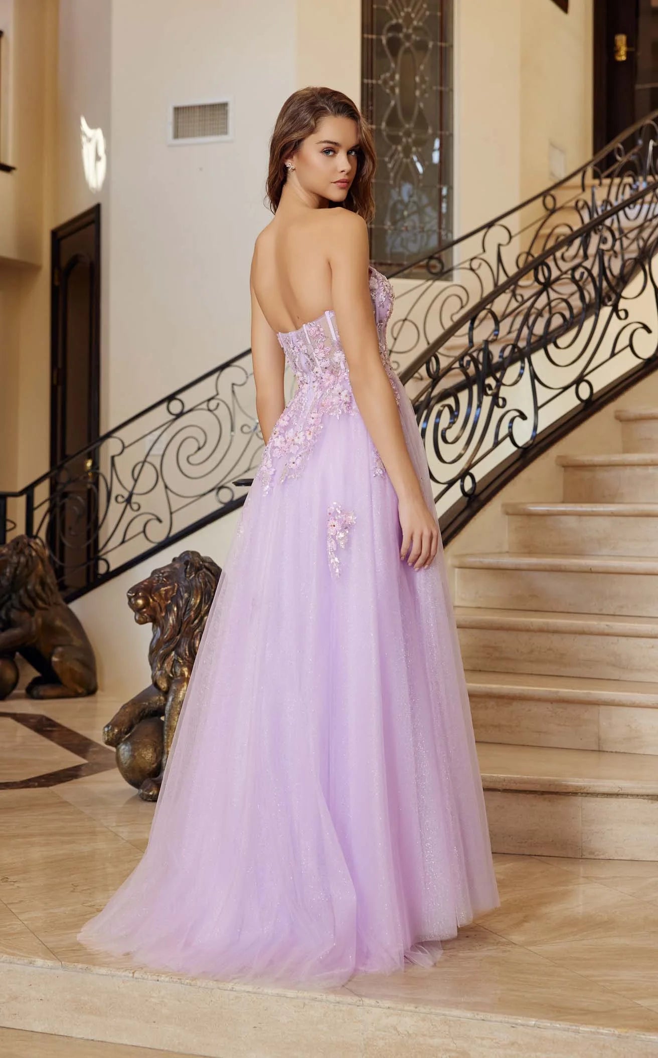 Sparkling A-Line Sweetheart Strapless Glitter Floral Lavender Floor-Length Prom Dress Women's Gown