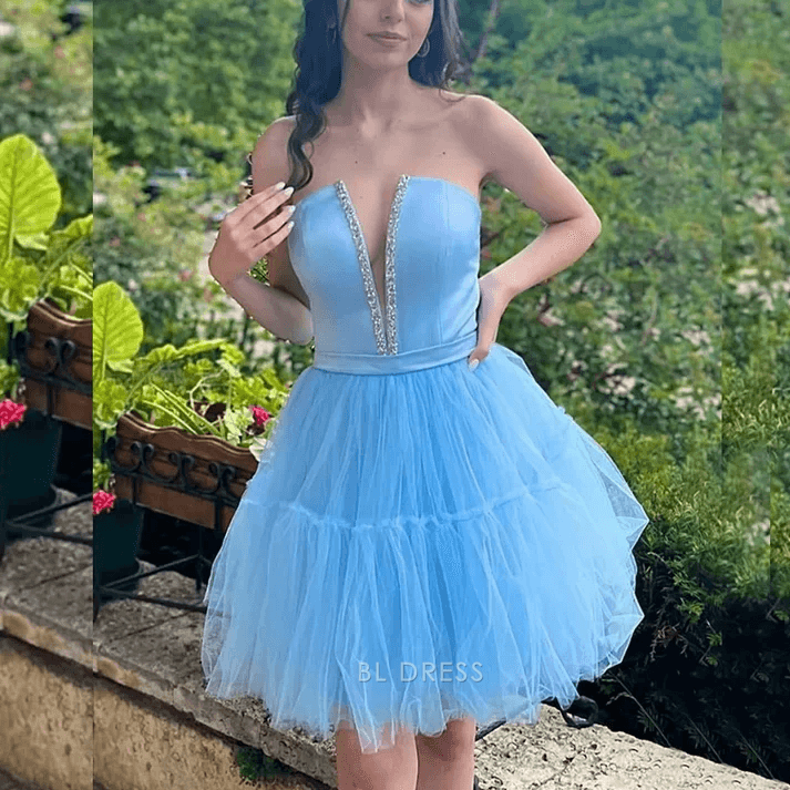 Sparkling A-Line Sweetheart Strapless Tiered Tulle Sky Blue Short Homecoming Dress For Her