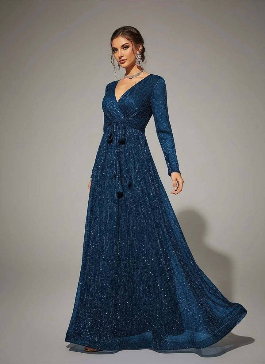 Sparkling A-Line V-Neck Long Sleeve Tie-Waist Teal Blue Maxi Prom Gown