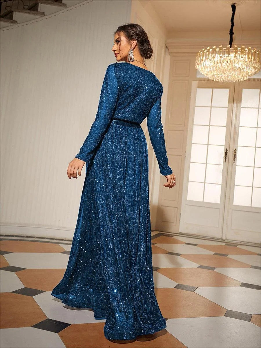 Sparkling A-Line V-Neck Long Sleeve Tie-Waist Teal Blue Maxi Prom Gown