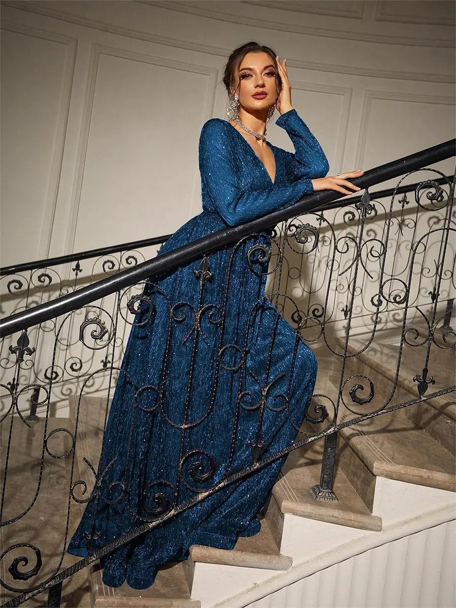 Sparkling A-Line V-Neck Long Sleeve Tie-Waist Teal Blue Maxi Prom Gown