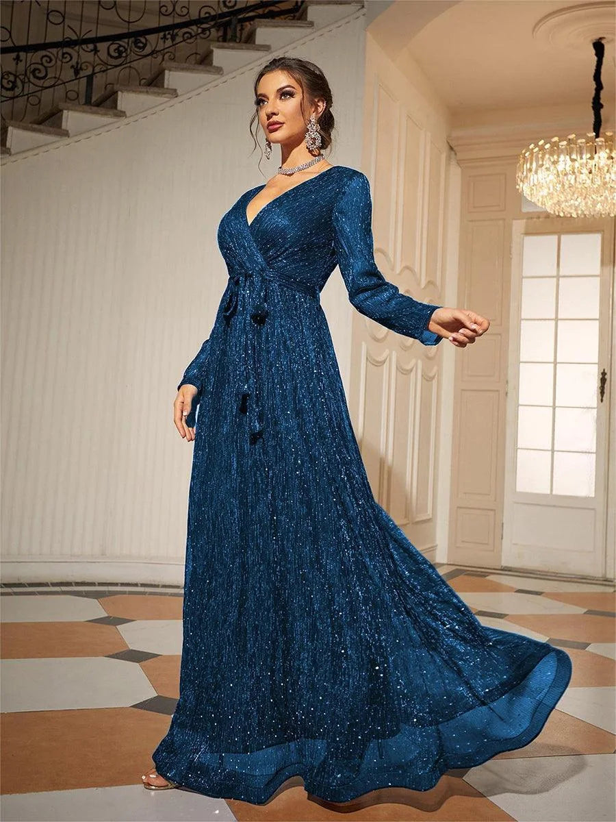 Sparkling A-Line V-Neck Long Sleeve Tie-Waist Teal Blue Maxi Prom Gown