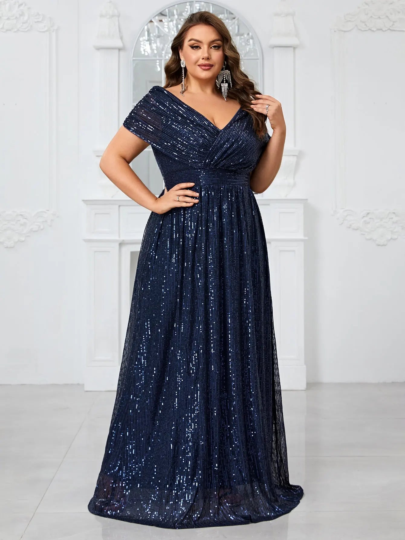 Sparkling A-Line V-Neck Short Sleeve Sequin Navy Floor-Length Prom Gown