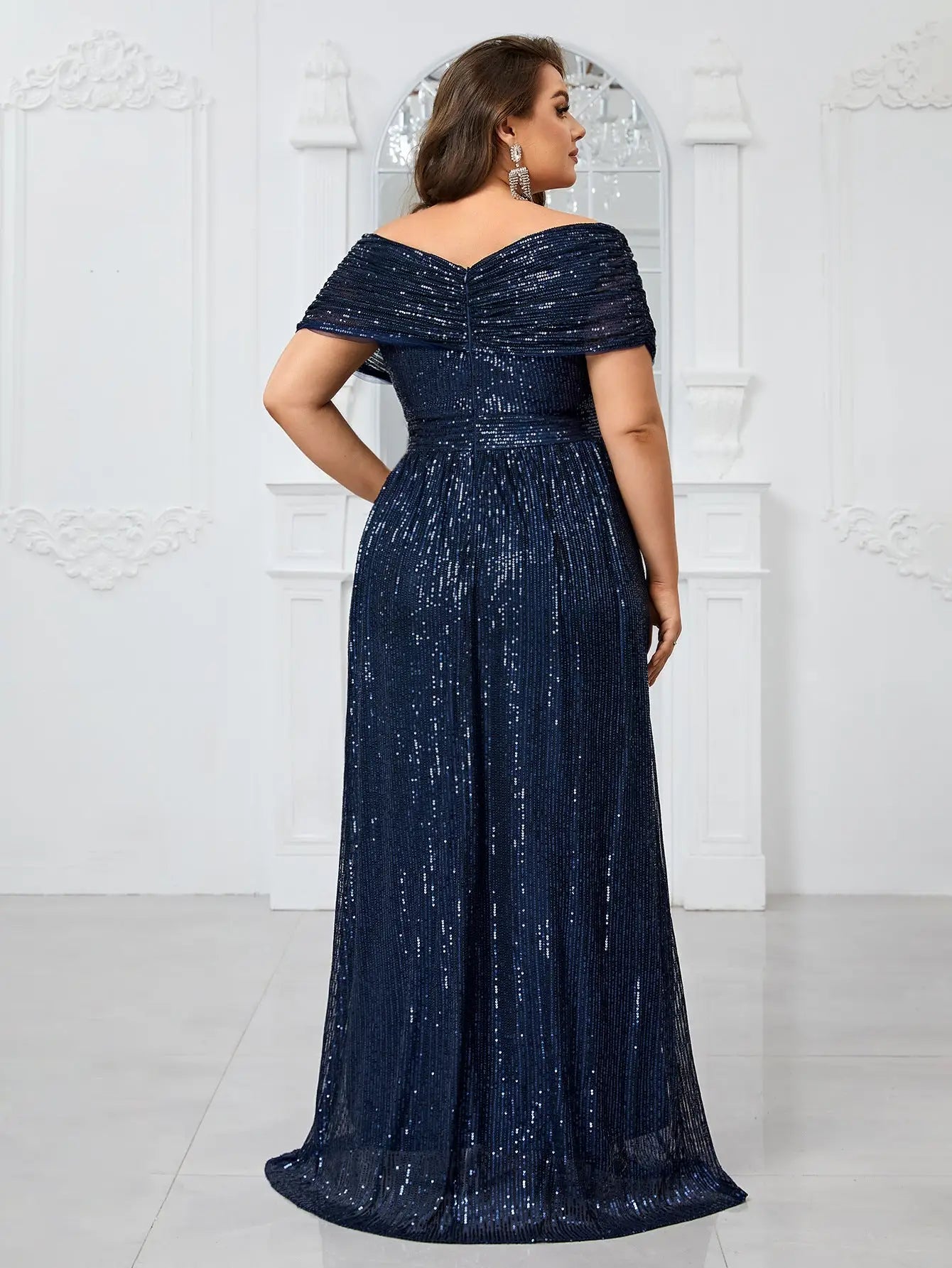 Sparkling A-Line V-Neck Short Sleeve Sequin Navy Floor-Length Prom Gown
