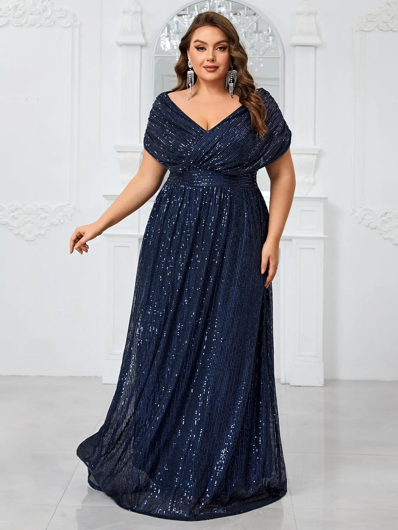 Sparkling A-Line V-Neck Short Sleeve Sequin Navy Floor-Length Prom Gown