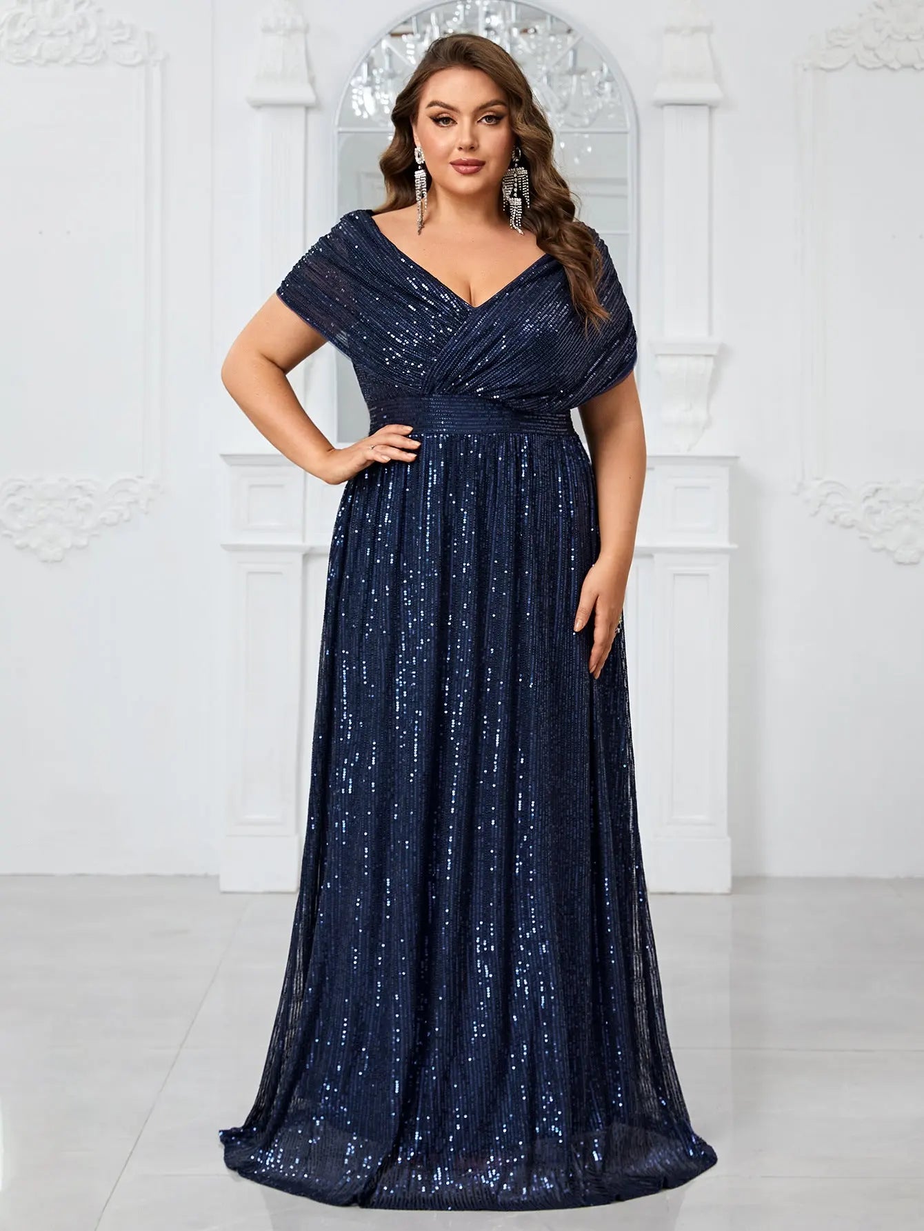 Sparkling A-Line V-Neck Short Sleeve Sequin Navy Floor-Length Prom Gown
