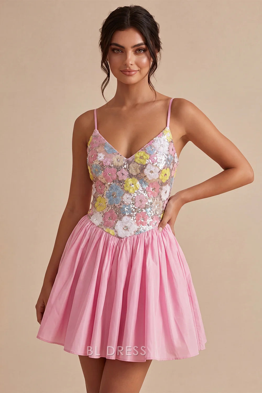 Sparkling A-Line V-Neck Sleeveless Floral Sequin Pink Short Homecoming Women's Dress
