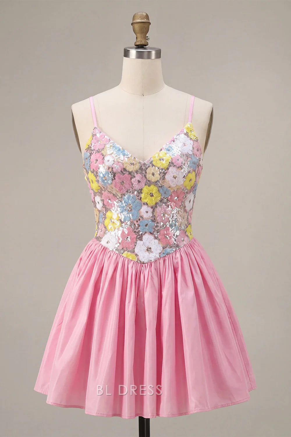 Sparkling A-Line V-Neck Sleeveless Floral Sequin Pink Short Homecoming Women's Dress