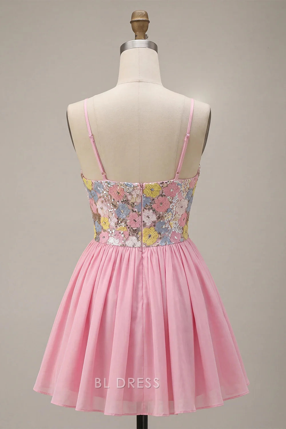 Sparkling A-Line V-Neck Sleeveless Floral Sequin Pink Short Homecoming Women's Dress