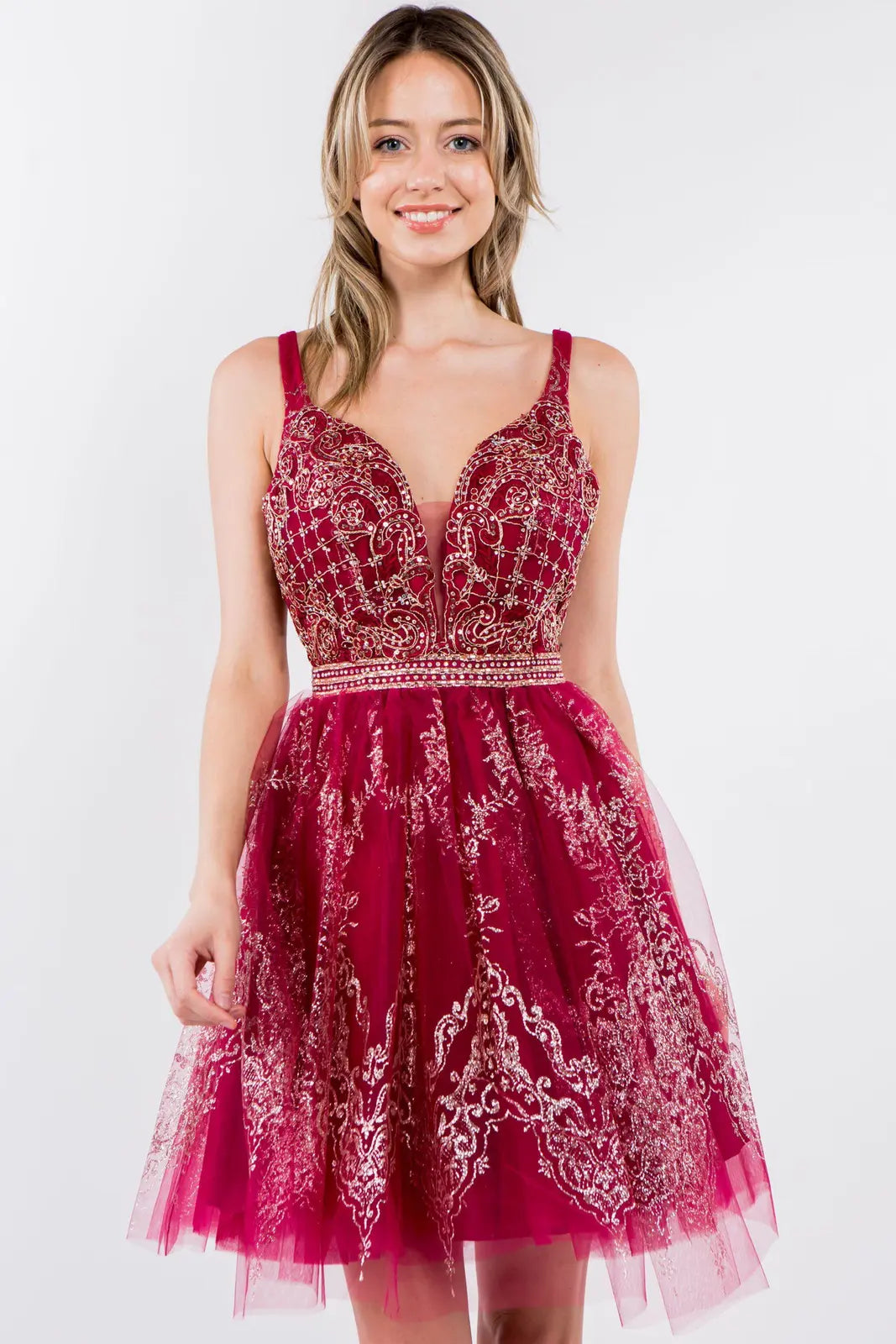 Sparkling A-Line V-Neck Sleeveless Glitter Red Short Homecoming Dress