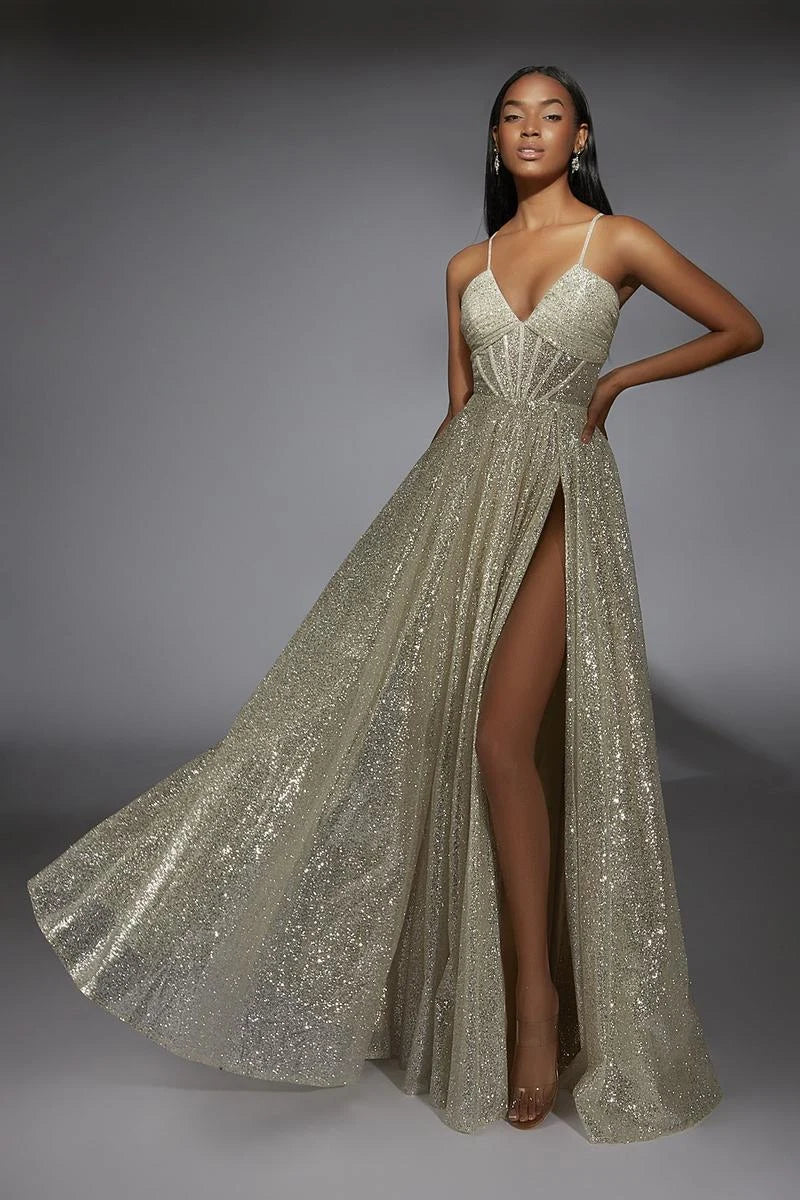 Sparkling A-Line V-Neck Sleeveless High-Slit Champagne Gold Floor-Length Prom Dress