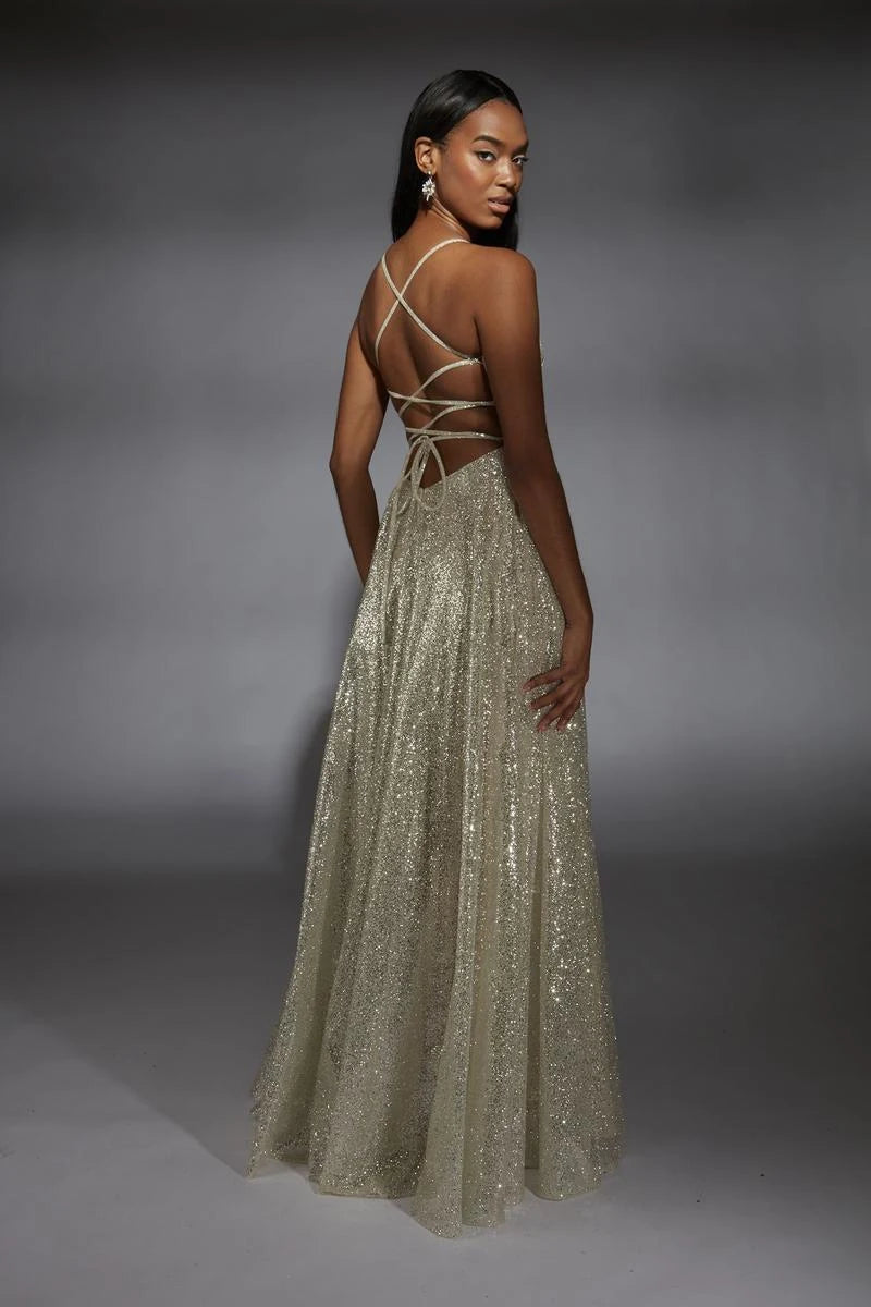 Sparkling A-Line V-Neck Sleeveless High-Slit Champagne Gold Floor-Length Prom Dress