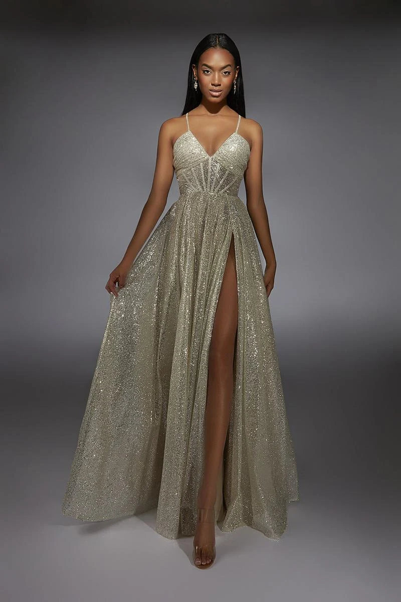 Sparkling A-Line V-Neck Sleeveless High-Slit Champagne Gold Floor-Length Prom Dress
