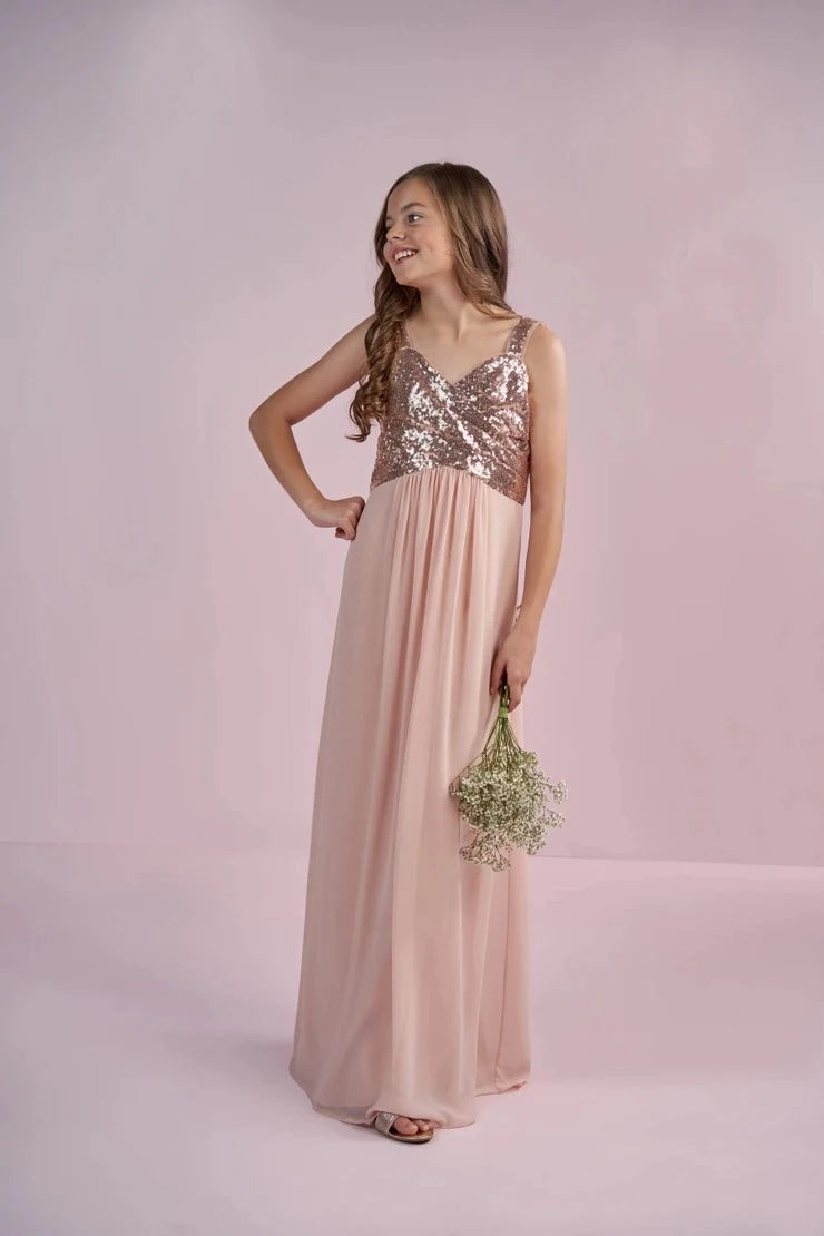Sparkling A-Line V-Neck Sleeveless Sequin Draped Back Rose Gold Floor-Length Prom Gown
