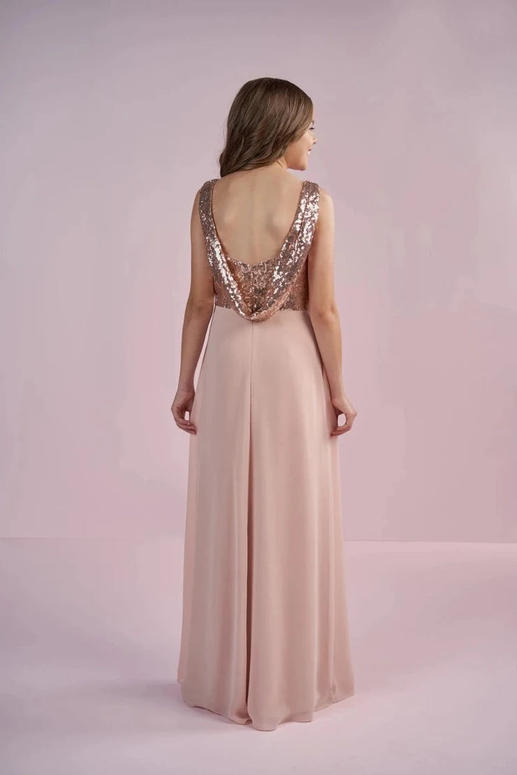Sparkling A-Line V-Neck Sleeveless Sequin Draped Back Rose Gold Floor-Length Prom Gown