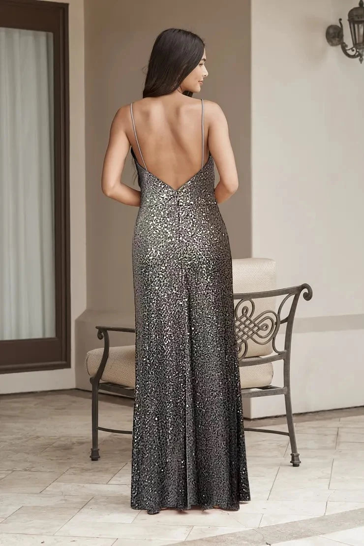 Sparkling A-Line V-Neck Sleeveless Sequin Slit Charcoal Long Prom Dress