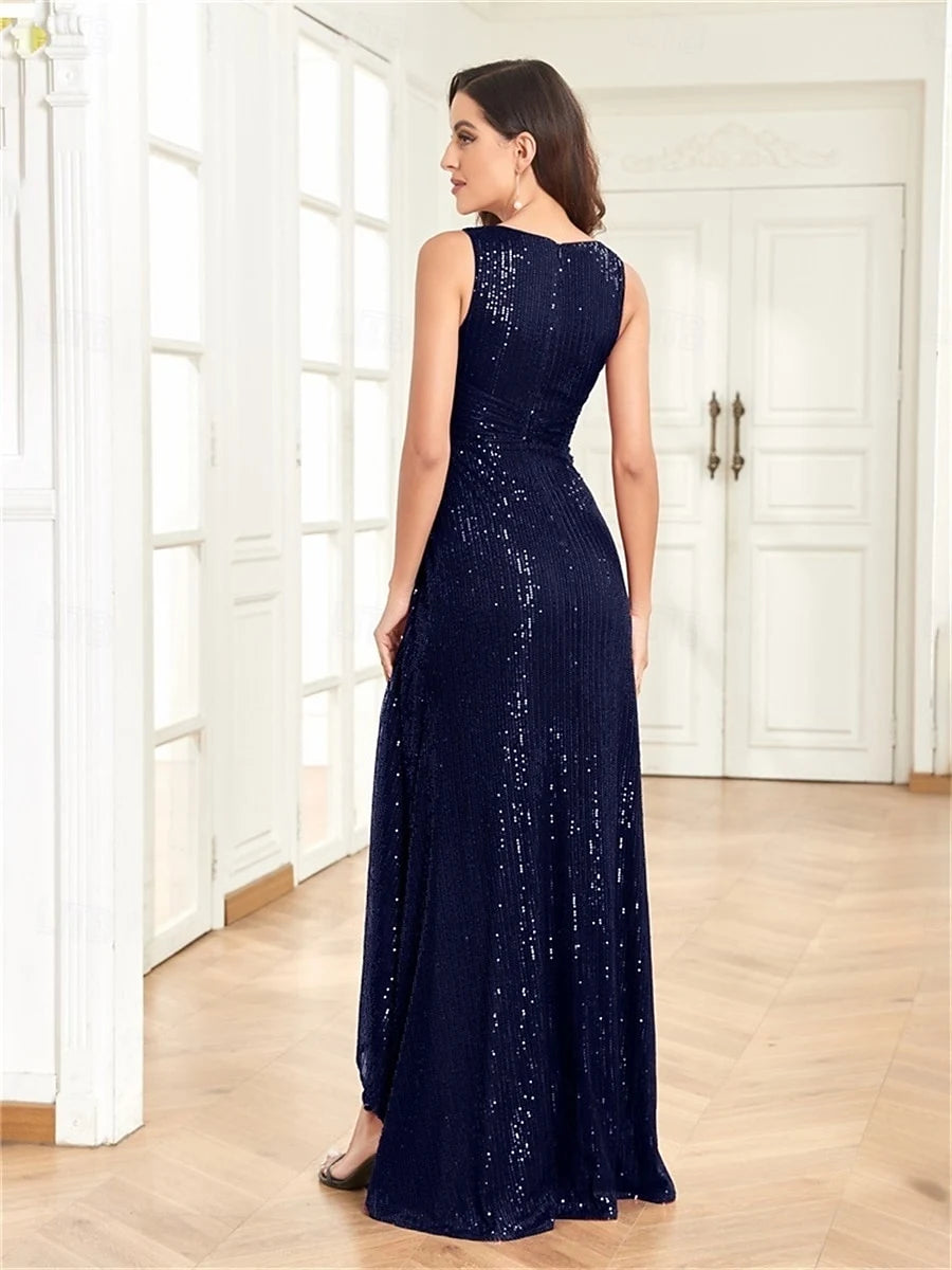 Sparkling A-Line V-Neck Sleeveless Sequin Slit Navy Blue Floor-Length Prom Dresses