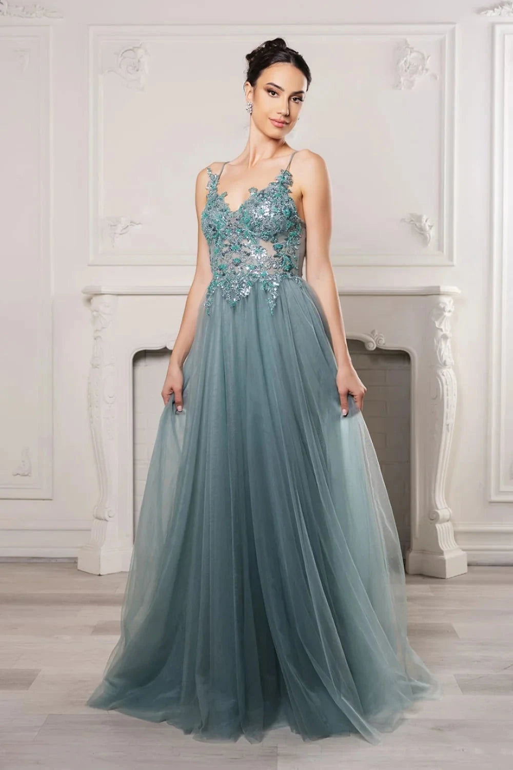 Sparkling A-Line V-Neck Sleeveless Sequin Tulle Dusty Blue Floor-Length Prom Gown